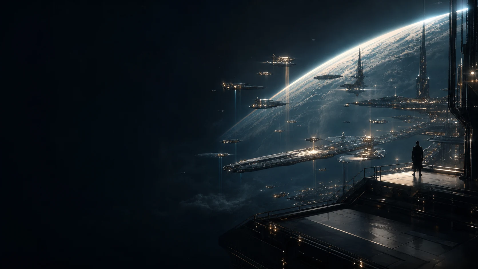 Un stratège contemple une flotte interstellaire assemblée sous son commandement